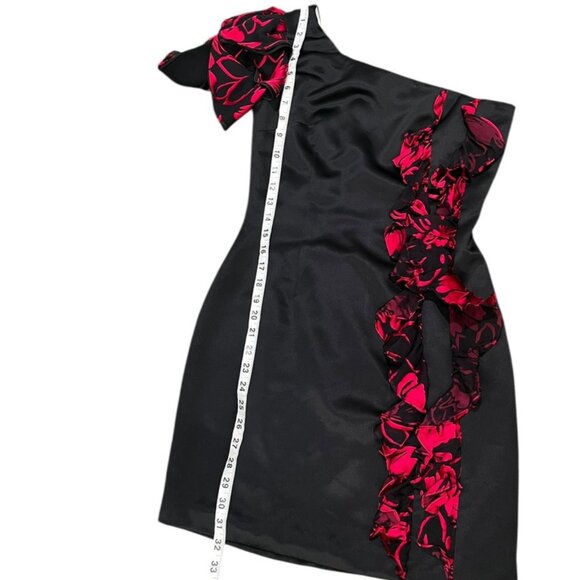 IvaNova Designer One Sleeve Black With Red Ruffle Cocktail Party Mini Dress SZ 4 - Picture 5 of 9